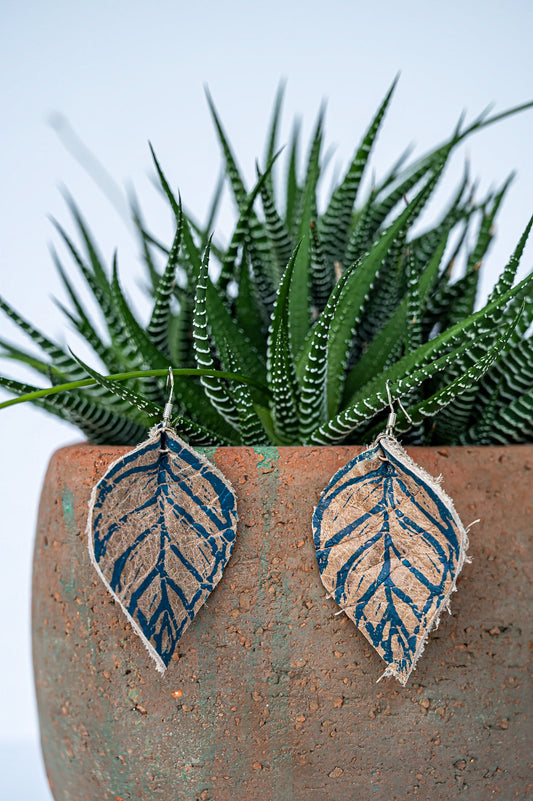 Leather Leaf Earrings // Blue + Taupe