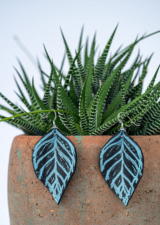 Leather Leaf Earrings // Light Blue + Black