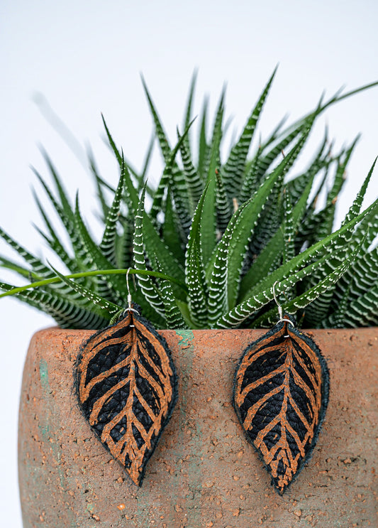 Leather Leaf Earrings // Orange + Black